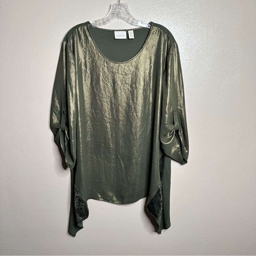 Chicos Metallic Green Handkerchief Top Size 3 (Large)